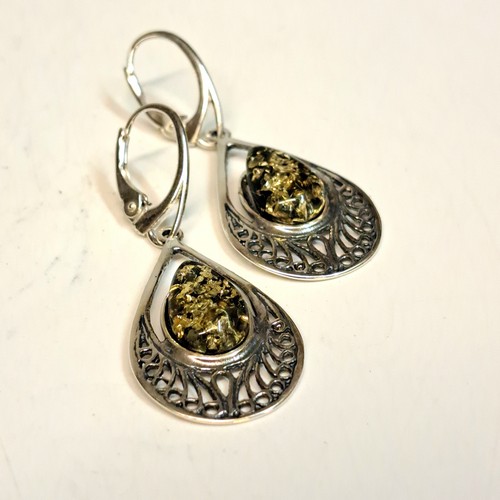  HWG-2438 Earrings, Ovals Green Amber Dangles; Silver Open Weave $40 at Hunter Wolff Gallery